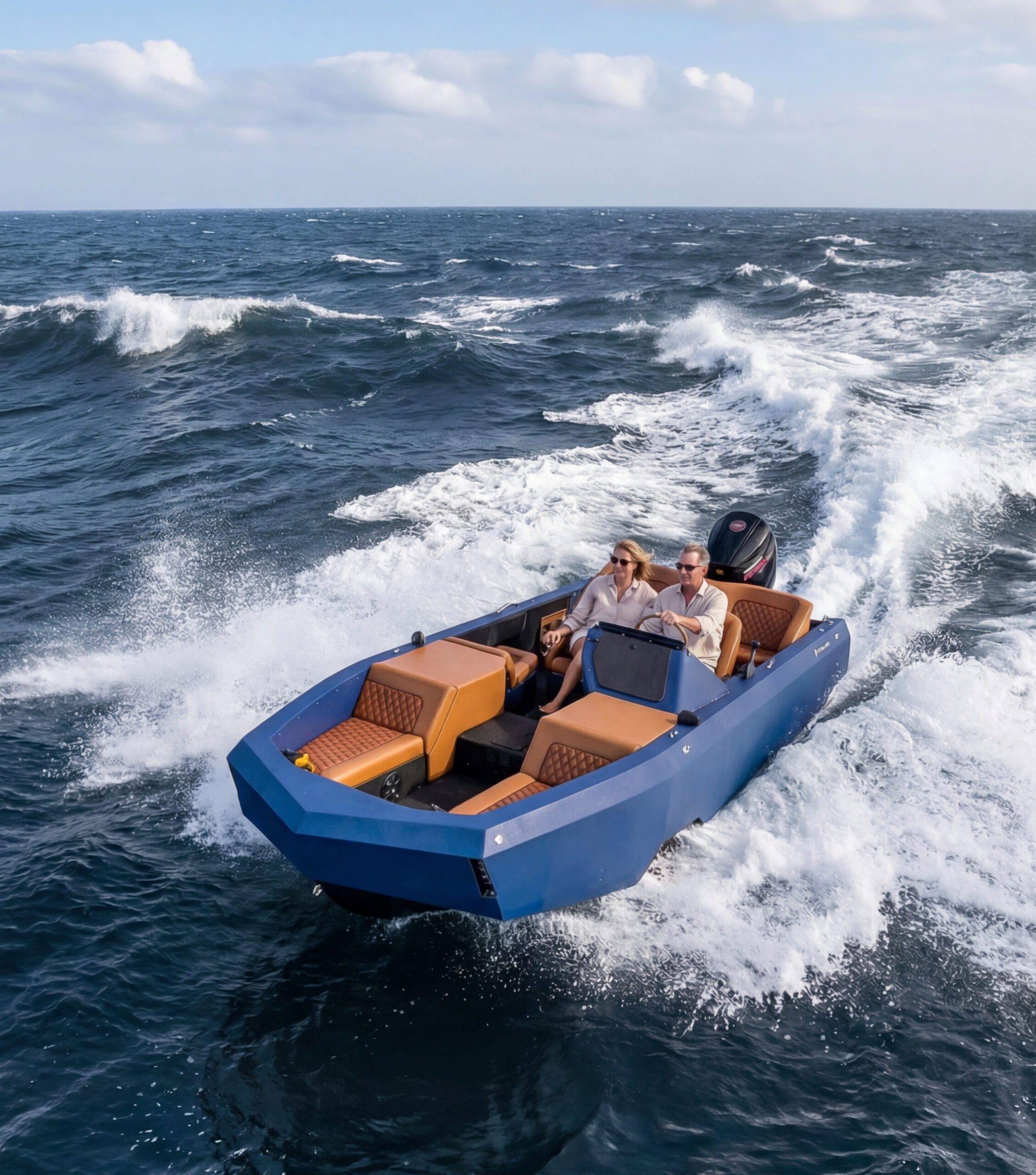 a couple in a dark blue motorboat, speeding through choppy ocean waves