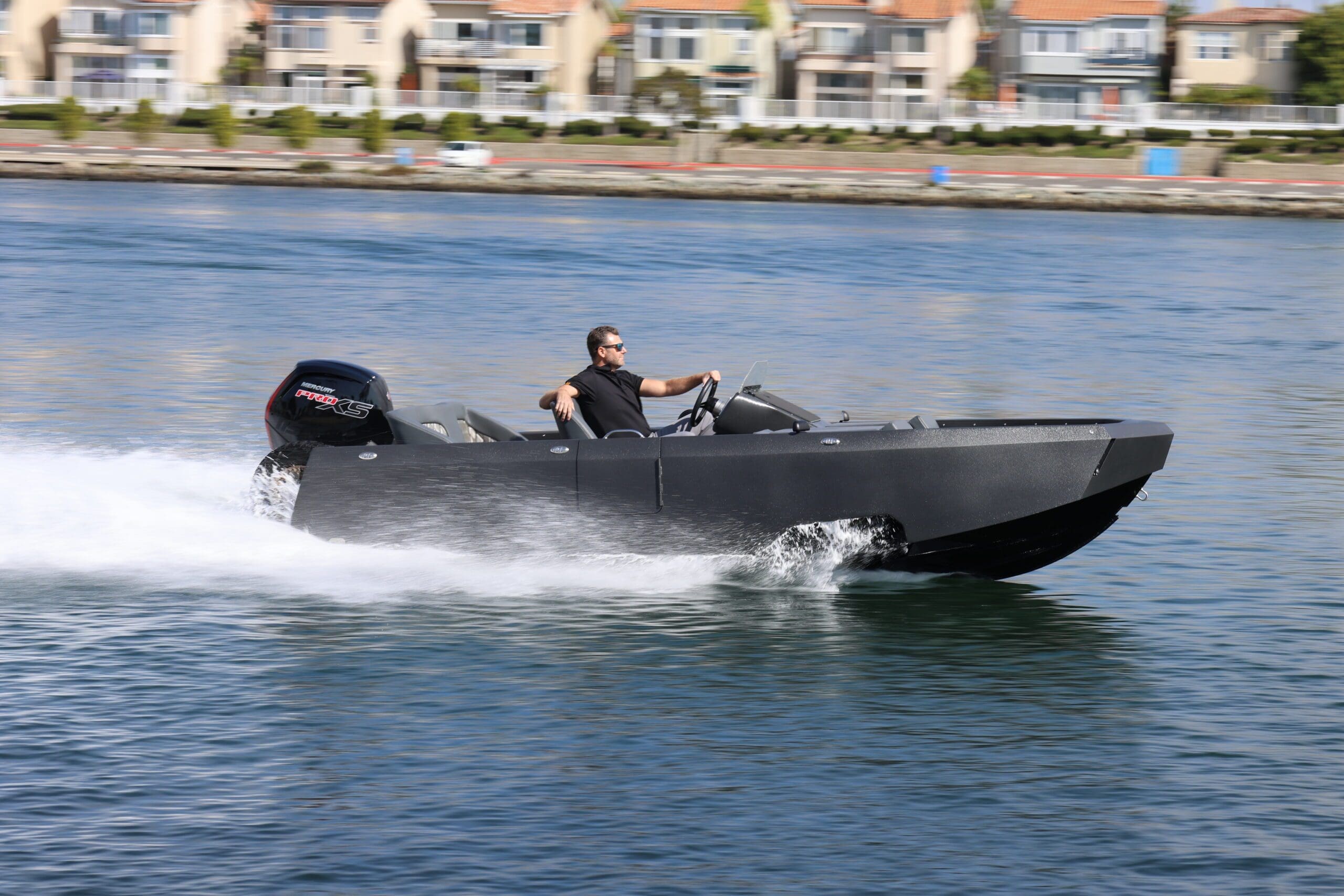 Amphibious Boat on water in high speed