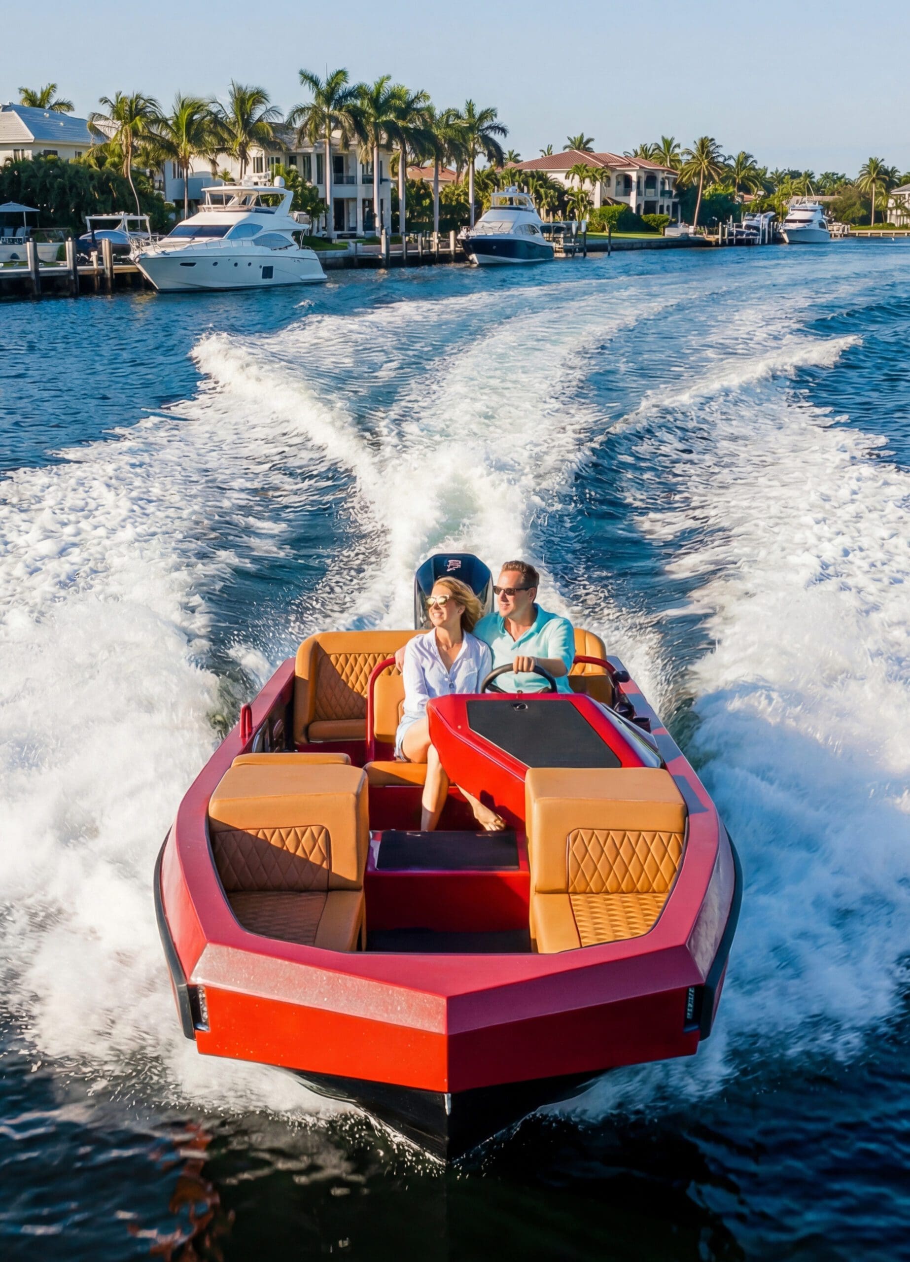 a couple riding a red sport boat at a beach